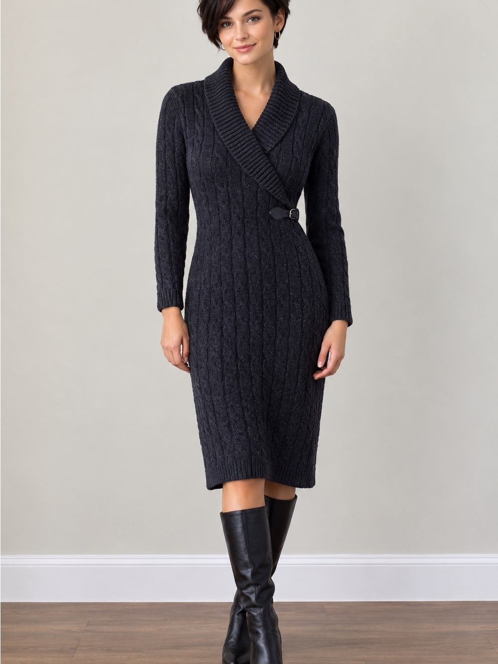 Ellen Tracy Dark Charcoal Cable Knit Shawl Collar Cardigan Dress